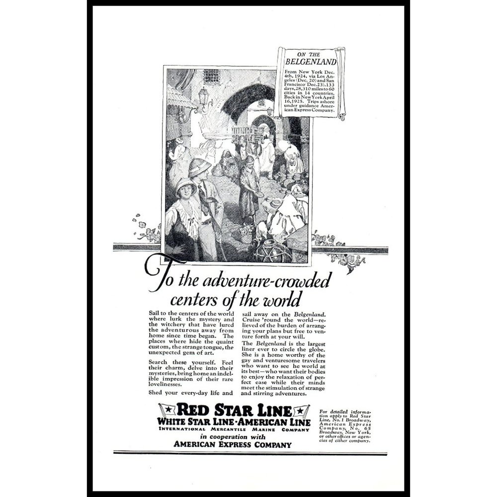 1924 Red Star Line Cruise Lines Vintage Print Ad Belgenland Ship Wall Art Photo